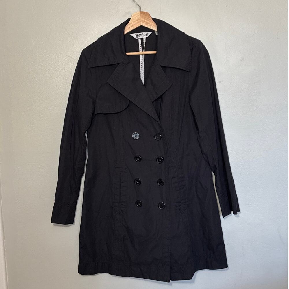 Women's Size L Vintage Y2K Joujou Black Button Detail Peacoat Trench Coat Light